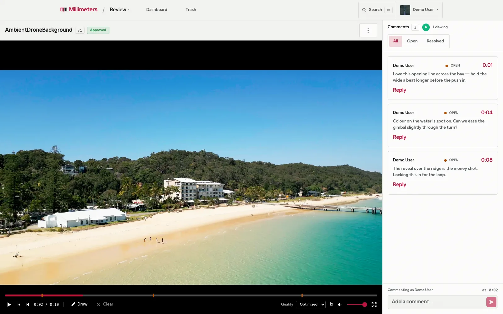 Millimeters Review — timecoded comments beside a video, with an approval on the cut